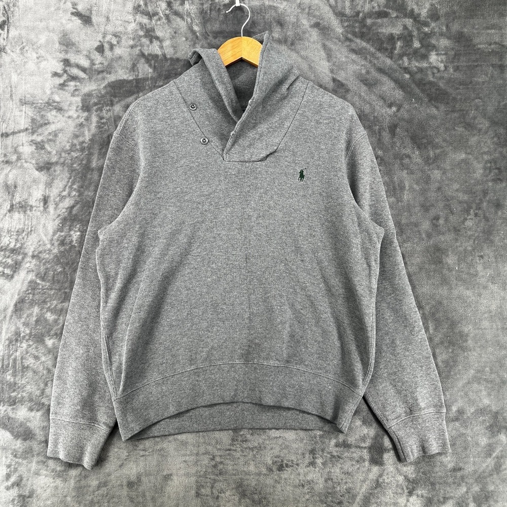Vintage Polo Ralph Lauren Sweater Mens Large Gray Shawl Collar Mock Neck Preppy